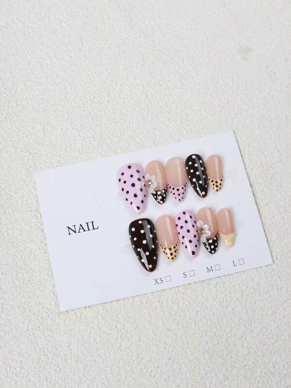 10pcs Handmade Apricot, Brown, Yellow Polka Dot French Manicure 3D Cute Minimalist Luxury False Nails