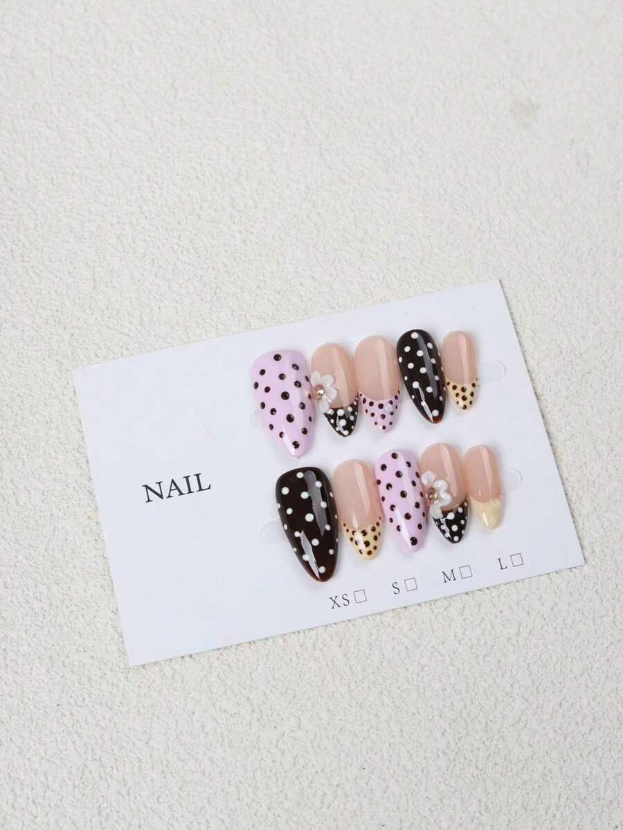 10片手工制作杏色、棕色、黄色波点法式美甲3D可爱简约奢华假指甲 - 彩色 - 查看 1