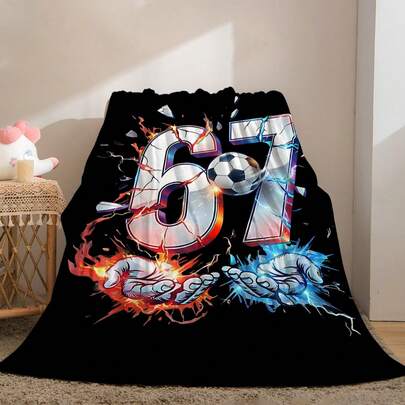 This Is A SIX SEVEN Football-Themed Flannel Blanket. The Main Body Features The Number 67 With A Shattered, Exploded, Fire And Ice Effect. A Soccer Pattern Is Embedded In The Center, Creating A Dynamic And Visually Appealing Design. It Is Comfortable And Soft, Suitable For Summer Use As A Sofa Throw, Nap Blanket, Or Bedding Decoration.