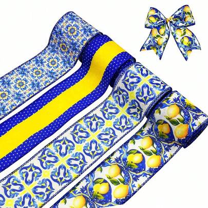 Bộ 4 cuộn ruy băng viền gân màu vàng chanh - Ruy băng viền gân in hình chanh vàng mùa hè rộng 2,5 inch, ruy băng dệt thủ công thời trang dùng để gói quà, buộc tóc, trang trí tiệc.