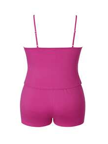 Plus Size Women 2pcs Set Solid Color Camisole And Shorts Elegant Summer - Hot Pink - View 3