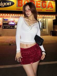 Sisterlinda, falda de lentejuelas a la moda para mujer, otoño,  Sexy, elegante, salvaje, ajustado, ropa de calle básica para Club, Hottie, botones sexis de medianoche - Rojo - Ver 4