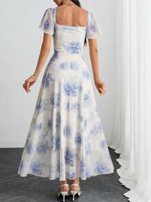 Women's Gothic Black Floral Print Mesh Dress, Ruched Bust Design, Ruffle Sleeves, A-Line Silhouette, Sheer Hem, Vintage Elegant Long Design Vacation Summer - Multicolor - View 3