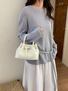 时尚高端新款褶皱水桶包，百搭时尚女士单肩斜挎包 - 米色 - 查看 3