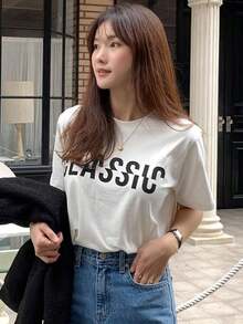 Camiseta holgada de mujer con y estampado de letras, color blanco, para primavera/verano-Vintage Street Style Unisex Loose Cotton Short Sleeve Crew Neck T-Shirt Ropa deportiva estilo Y2K, cuello redondo, 100% algodón, tejido suave, manga corta.1 camiseta - Blanco - Ver 4
