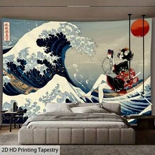 1件 巨浪与艺伎印花挂毯 柔软布艺墙挂毯 适用于家居卧室客厅装饰 传统日式艺术挂毯 - 彩色 - 查看 1