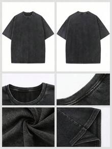 Men's 2PCS BUUTIAN Vintage Wash Solid Color T-Shirt & Denim Shorts Set, Multiple Color Combinations Available, Oversized Streetwear Casual Summer Joggermate Outfit, 90s Retro Casual Loungewear - 黑色 - 查看 4