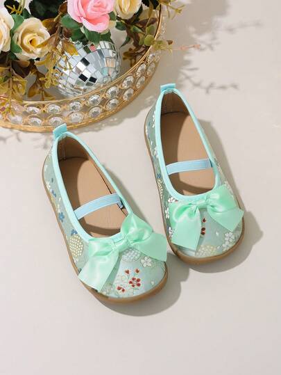 1 Pair New Chinese Style Mary Jane Shoes, Round Toe Slip-On Leather Shoes, Retro Embroidered Floral, Flat Heel, Green Color With Bowknot Ribbon, Suitable For Outfits, Performances, Picnics, Flower Girls, Festivals