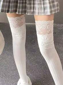 1 Pair White Knee-High Lace Socks, Women's Thigh-High Leg Warmers, Y2K Style, Suitable For Spring, Autumn & Winter - trắng - Xem 3