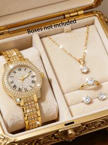 Bộ trang sức và đồng hồ nữ 9 món đính đá Zirconia & Rhinestone, bao gồm 2 vòng tay, 2 dây chuyền, 2 nhẫn, 4 bông tai và 1 dây đeo đồng hồ mạ vàng, thích hợp để đeo hàng ngày. - Vàng - Xem 5