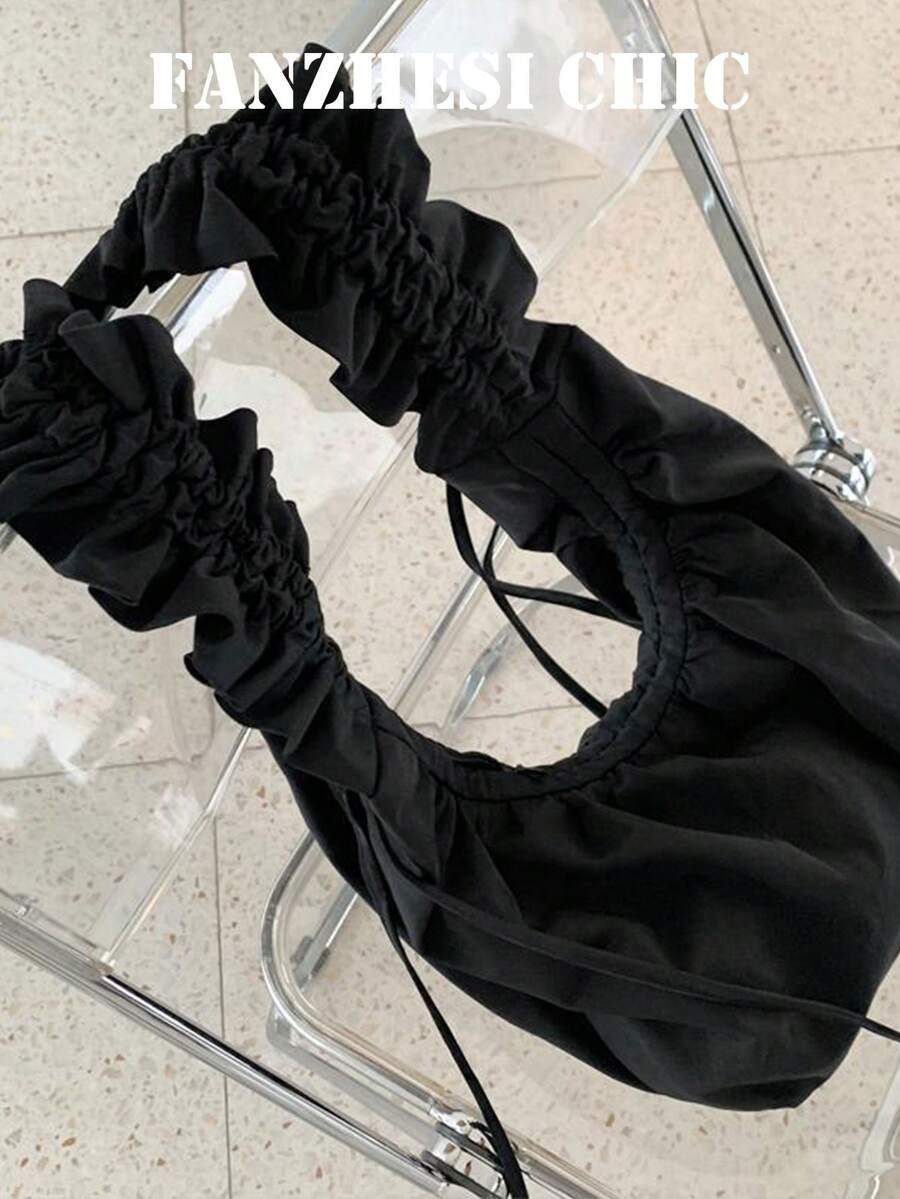 Bolso de hombro de tela negra sólida, bolso de tela con pliegues y volantes debajo del brazo de gran capacidad, silueta blanda y holgada, bolso de estilo minimalista y elegante para uso diario. Perfecto para estudiantes, damas casuales y uso diario. Excelente para ir al trabajo, compras casuales, paseos por la calle y reuniones de fin de semana. - Negro - Ver 1