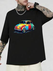 Summer T-Shirt With Retro Fiat 500 Pop Art Graphic, Soft Cotton, Round Neck, Comfortable Fit, Casual - Black - View 1