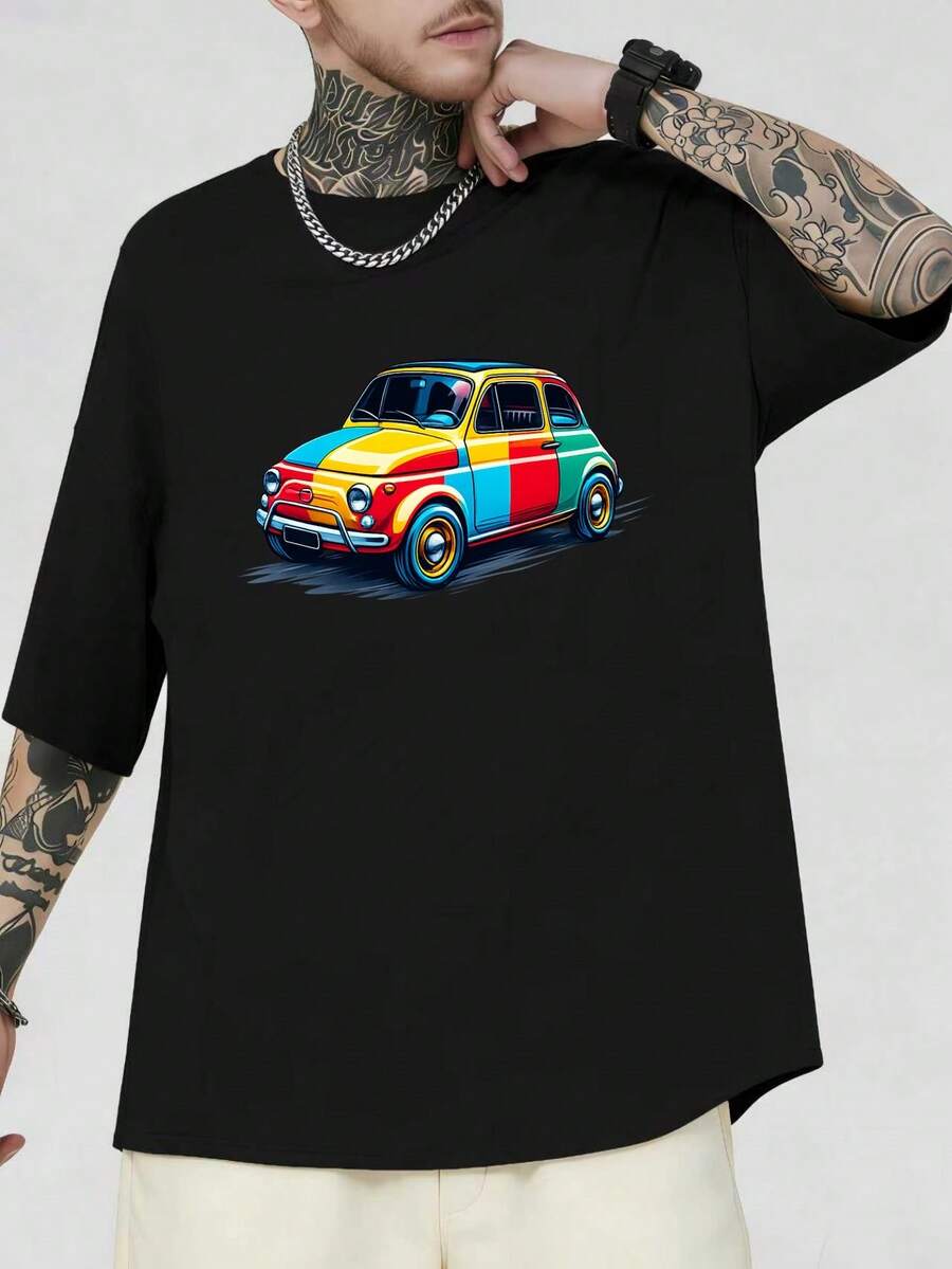 Summer T-Shirt With Retro Fiat 500 Pop Art Graphic, Soft Cotton, Round Neck, Comfortable Fit, Casual - Black - View 1