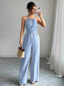Women& # 39;S Casual Blue Wrinkled Fabric Sleeveless Halter Beaded Waist Twist Design Straight Jumpsuit Tie Bow Design At Back, Spring And Summer Royal Blue Group Purchase Sky Blue Group Buy Cerulean Blue - Màu xanh nhạt - Xem 6