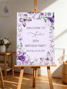 1pc Personalized Birthday Welcome Sign, Customized Text, Pink Ribbon, Entrance Welcome Board, Floral Butterfly Design, Girls Birthday Party Decoration, Wedding Anniversary, Retirement Celebration, Printed Painting, Cute Wall Art, Frameless - Multicolor - View 11