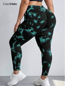 Pantalones de yoga de cintura alta sin costuras con efecto tie-dye para mujer de talla grande, mallas de fitness de 4 vías sin transparencias, ropa casual versátil para correr y entrenar en primavera y verano - Multicolor - Ver 10