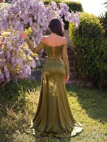 ADYCE Đầm dạ hội maxi dài tay lệch vai thanh lịch, phối ren, xẻ tà, thắt eo bằng ruy băng, thích hợp cho dạ hội, tiệc sinh nhật, hẹn hò, họp mặt gia đình, dự đám cưới, tiệc tối trang trọng mùa xuân. - xanh quân đội - Xem 2
