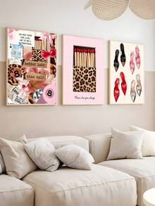 3PCS Pink Leopard Wall Art Fashion Stylish Prints Decor Office Aesthetic Girly Wall Art Fashion Magazine, Matchbox, High Heels Wall Art, Festival Gift, The Ideal Gift For Friends, Bedroom Art Print, Living Room Decor, Office Decor, Kitchen Decor, Bar Decor, Bathroom Decor, Wall Arts, Wall Decor, Home Decor, Room Decor, Canvas Wall Art, Posters, Wall Art With Frame, Optional Frame ﻿ - 3pcs - View 5