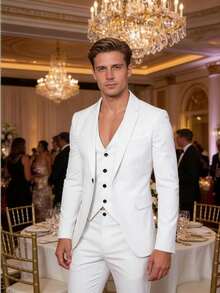 Novedad: Conjunto de traje de hombre Primavera/Otoño/Invierno - Traje casual de 3 piezas a rayas estilo coreano - Blanco - Ver 1