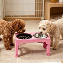 Adjustable Height Pet Elevated Dog Bowl With 5 Adjustable Height Settings. Comes With 2 Stainless Steel Dog Water Bowls And 1 Slow-Feed Dog Bowl. Adjustable Elevated Dog Bowl Stand. Suitable For Small, Medium And Large Dogs. - Pink - View 4
