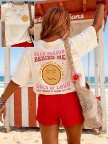 可爱风格双面印花T恤，正面印有笑脸图案，背面印有“致我身后的人”字样，圆领短袖设计。 - 杏色 - 查看 4