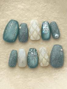 Conjunto de 10 Unhas Artesanais Formato Caixão Olho de Gato Azul de Cobertura Total, Decoradas com Estrelas e Lua, Reutilizáveis, Disponíveis em Quatro Tamanhos, Adequadas para Meninas/Mulheres, Atrizes, Apresentações, Festivais, Festas, Casamentos e Uso Diário. - Azul menta - Visão 2