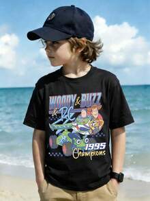 Disney Camiseta de manga corta con estampado de dibujos animados con temática retro de Toy Story, casual y sencilla, adecuada para un uso cómodo y de moda en primavera y verano, apta para niños y niñas, regalo ideal para vacaciones. - Negro - Ver 1