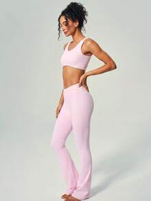 UONNOU High Waist Flare Yoga Pants & U-Neck Sports Bra, Seamless Activewear Set - Baby Pink - View 11