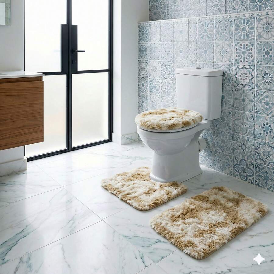 Juego de 3 piezas de tapete para baño pelo alto. - Beis - Ver 1