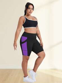 Pantalones cortos de fitness para mujer talla grande primavera/verano nuevos, cintura alta, levantamiento de glúteos, pantalones cortos de ciclismo, pantalones cortos deportivos ajustados, pantalones cortos de yoga de cintura alta, diseño de color en contraste, con bolsillos, adecuados para deportes, correr, fitness y varias ocasiones - Morado - Ver 7