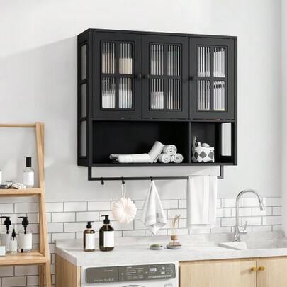 Bathroom Wall Cabinet, Three-Door Wooden Wall Cabinet With Open And Hidden Storage, Medicine Cabinet With Glass Door And Towel Rail, For Living Room, Bathroom, Dining Room, Black