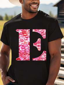 Women's Retro Black Graphic T-Shirt With Bold Pink Lipstick Kiss Art Print And Letter E Design - Soft & Breathable Fabric, Regular Fit Short Sleeve T-Shirt For Casual Wear & Workout, Crew Neck Art Print Top For Casual Outfits, Parties BBUV - 黑色 - 查看 2