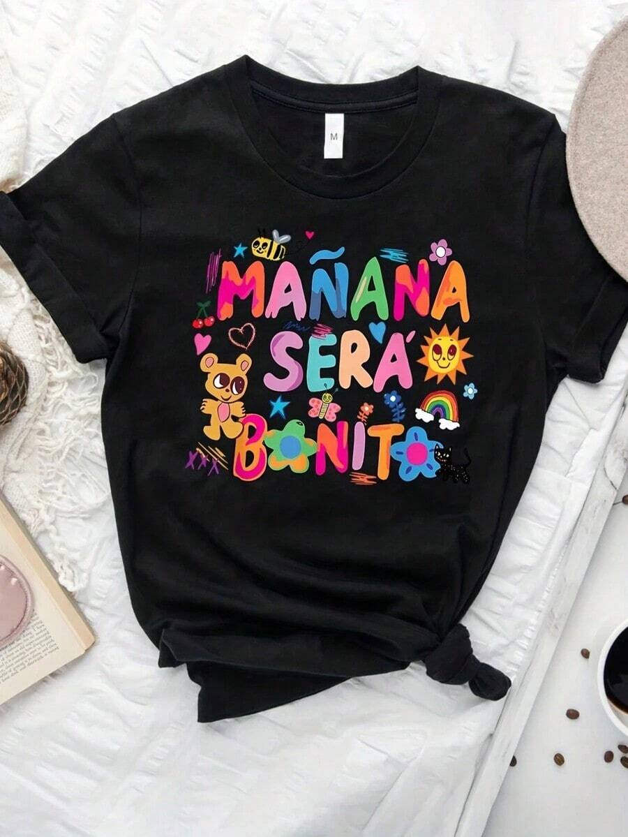 Camiseta Gráfica con Eslogan Clásico, Casual, Negra, para Verano - Negro - Ver 1