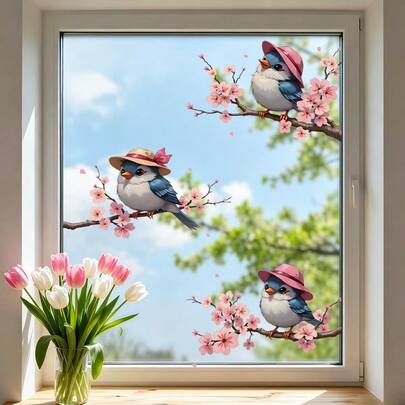 1pc Cute Blue Birds With Hats On Cherry Blossom Branches Window Cling, Reusable Static Cling Decal With Spring&Summer Sakura Flowers, Decorative Sticker For Home, Office And Classroom Glass Surfaces