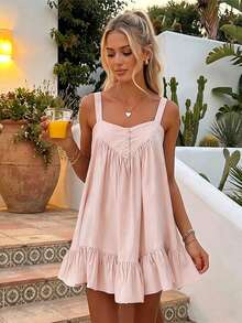 Women Slip Dress, Sleeveless Pleated Ruffled Solid Loose Summer Dress Mini Dress Suitable For Daily Look And Dating Occasions - Pink - View 6
