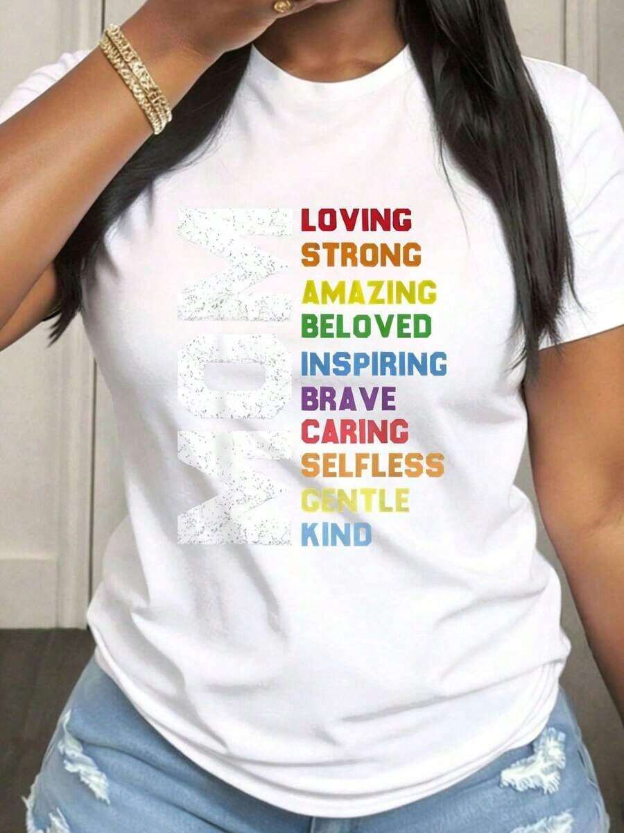 Camisetas de manga corta para mujer, Día de la Madre, "Mom Loves Powerful And Amazing", Camiseta de Moda Urbana para el Día de la Madre, Estilo Casual, Manga Corta, Cuello Redondo, con Tela de Elasticidad Media, Adecuada para Atuendos Casuales de Primavera, Verano y Otoño, Lavable a Máquina, Diseño Divertido. - Blanco - Ver 1