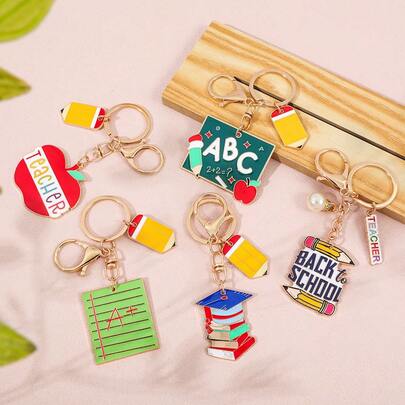 1pc Cute Teacher Themed Enamel Keychain-Back To School Keychains With Apple Book Pencil Design, Cute Key Ring Charms For Teacher Appreciation Gifts, Backpack Purse Car Key Decor