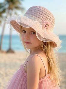 Mũ rơm màu hồng họa tiết hoa nhí, viền lưới, thích hợp cho bé gái từ 3-8 tuổi, mùa hè, đi biển hoặc hoạt động ngoài trời. - 1PC - Xem 4