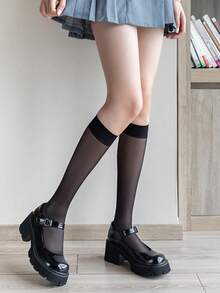 1 đôi tất đen dài đến giữa bắp chân, dành cho nữ, tất mỏng mùa xuân/thu chống xước, tất dài đến đầu gối, chống trượt. - Nhiều màu - Xem 3