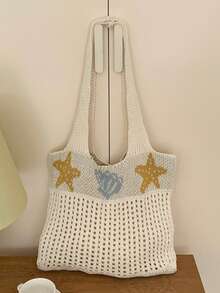 New Starfish & Shell Design Large Capacity Shoulder Tote Bag, Women Knitted Hollow Out Handbag - A - View 8