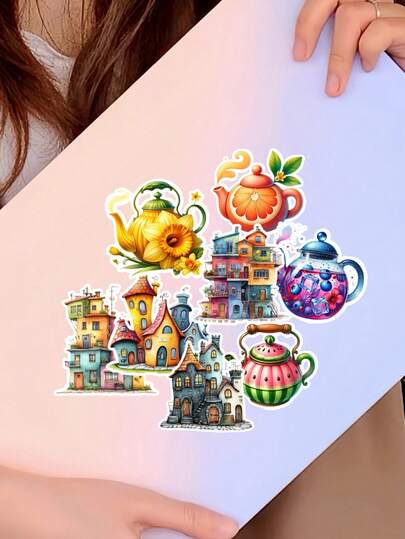 Set de 18 pegatinas de acuarela con diseños florales y literarios de frutas, flores, teteras y apartamentos, adecuadas para DIY en diarios, planificadores, decoración de portátiles, pegatinas de libros, accesorios de planificador. Impresiones de alta calidad.