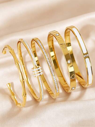 1 Set de 5 Pulseras de Acero Inoxidable, Diseños Versátiles de Trébol Micro-Incrustado, Clavo, Cintura, Números Romanos, Corazón, Nácar, Minimalista Casual Elegante, Adecuado para Mujeres Diario, Fiesta, Regalo para Amigos