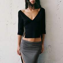 2026 Womens Multi-Color V-Neck 3/4 Sleeve Fitted Top Ruched Bust Casual & Date Night Blouse - Hitam - View 12