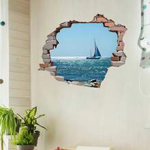 1pc 3D Visual Effect Broken Wall Seascape Sailboat Wall Sticker, High-Quality Flat Printing, Self-Adhesive Ocean Scenery Decor Sticker, Suitable For Living Room Bedroom Wall, Creative Wallpaper - Wall Stickers - View 5