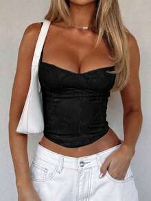 Vaiaye Women's Solid & Jacquard Jacquard Camisole Crop Top, Sexy Lace-Up Sleeveless Casual Tank Top For Summer, Suitable For Daily Casual & Date Wear Black - Black - View 8