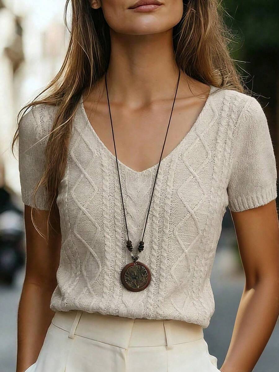 Blusa casual de punto trenzado con cuello en V de manga corta, versátil para uso diario, en color albaricoque, para primavera/verano - Caqui - Ver 1