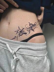 1 Herbal Tattoo Sticker, Minimalist Branches With Two Butterflies, Temporary Tattoo Sticker, Washable, PVC, Disposable, Waterproof And Sweatproof, Suitable For Arms, Waist, Abdomen, Back, Legs, Non-Reflective, Realistic Tattoo, Suitable For People, Daily Use, Lasts 7-14 Days - Black - View 3