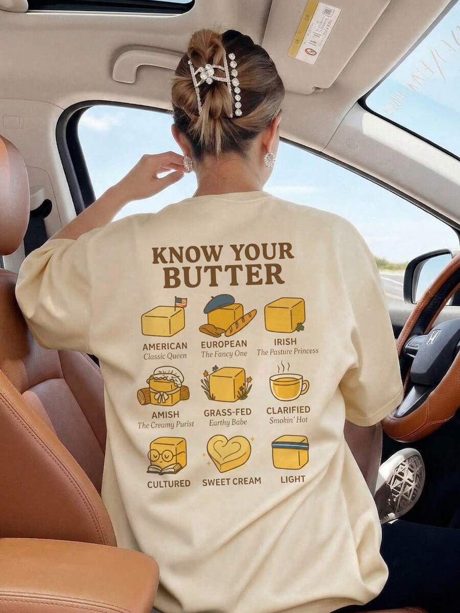 Butter Yellow Cartoon Print Round Neck T-Shirt Women Loose Fit Slimming Casual Short Sleeve Summer New Cute Style Versatile Top - Apricot - View 1