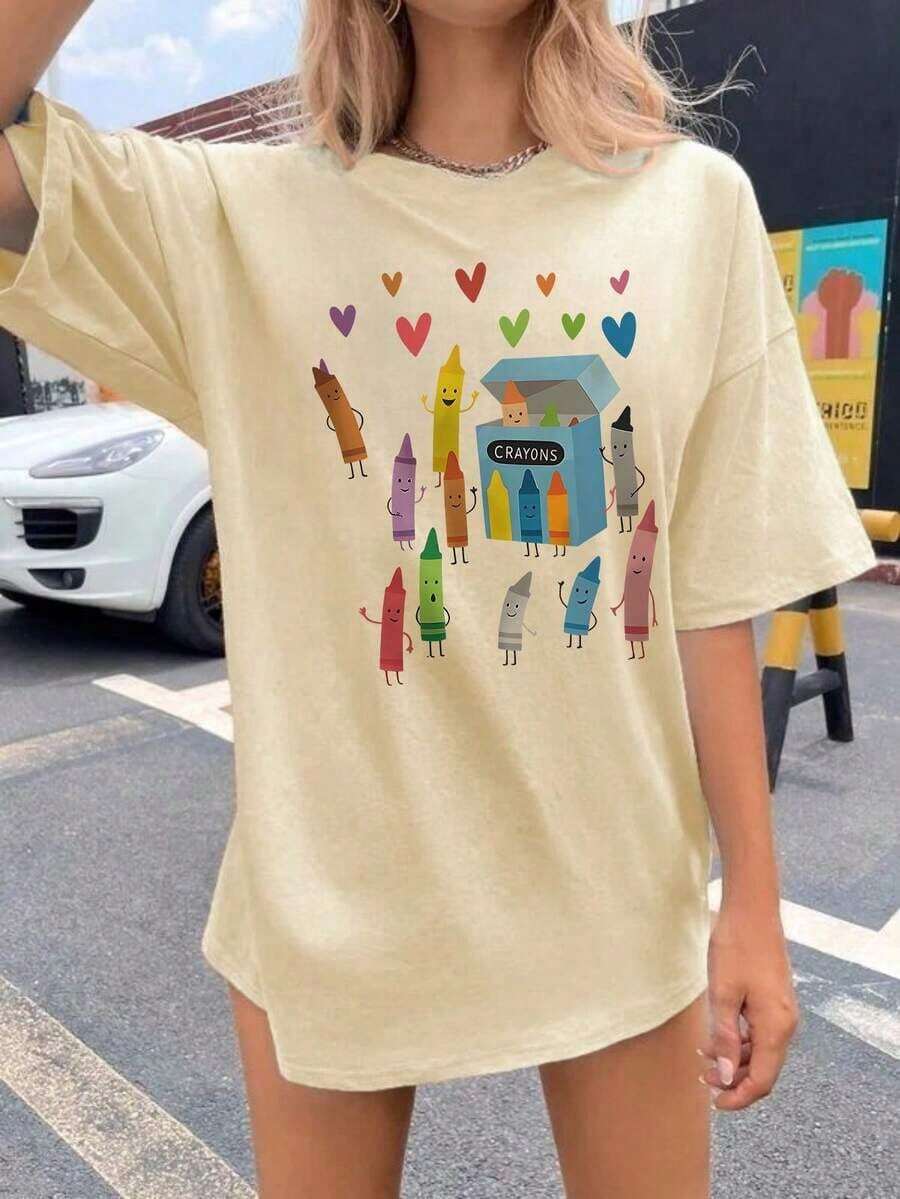 Women's Short-Sleeved, Round-Neck T-Shirt With Crayon Print, Casual Everyday Wear In White - Breathable High Quality - 杏 - 查看 1