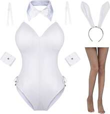 Womens Bunny Costume Girl Suit Senpai Cosplay Anime Role Costume One Piece Bodysuit Stockings Set - 白色 - 查看 4